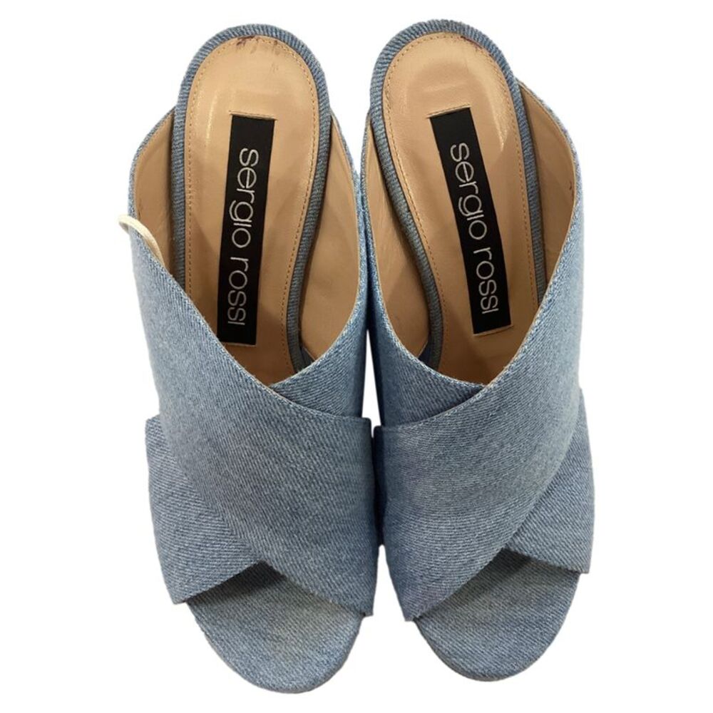 Sergio Rossi Alma Slip-On Wedge Sandals in Blue Cotton Denim - Picture 6 of 10